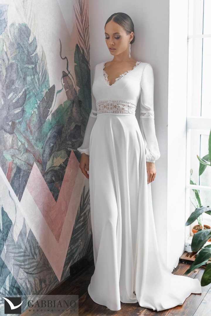 Свадебное платье Саломи А-силуэт, Бохо, Закрытые, Простые, С рукавами