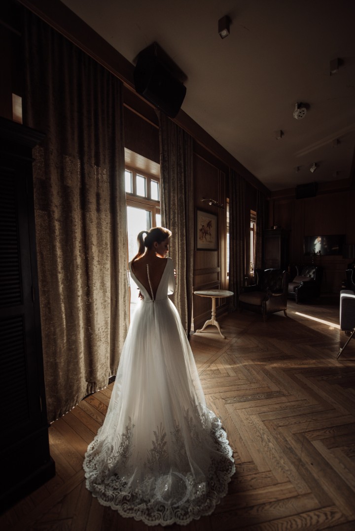 Свадебное платье Кейси А-силуэт, Со шлейфом, Для венчания, Простые, С рукавами