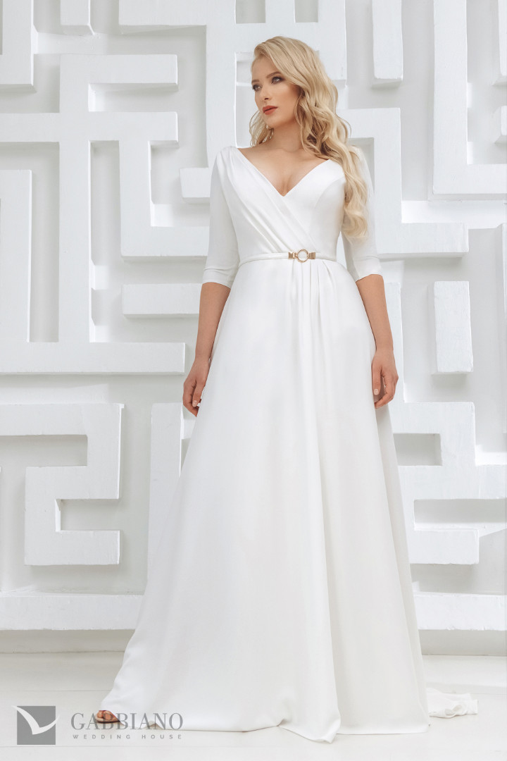 Свадебное платье Давина А-силуэт, Большие размеры, Для венчания, Простые, С корсетом, С рукавами